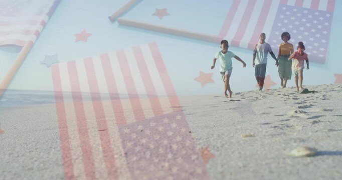 Family walking on beach son initiating sprinting daughter chasing as flag overlaying for marketing