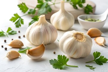 Fresh garlic bulbs and cloves with parsley and peppercorns