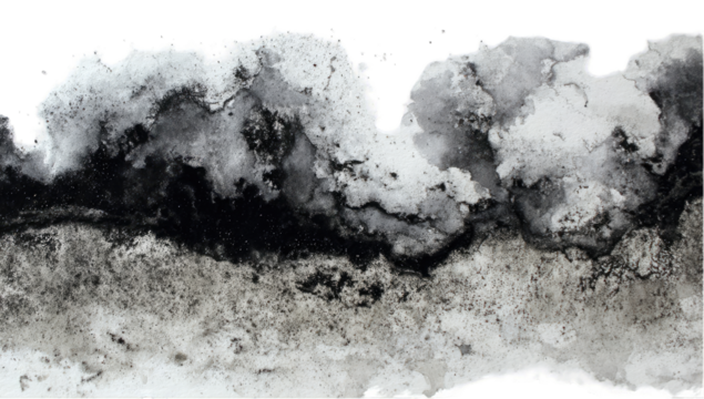Abstract grayscale landscape, textured with swirling clouds and mountainous forms