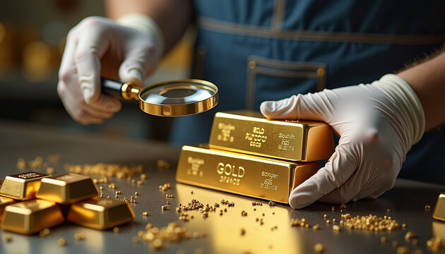 Gold bars being examined with a magnifying glass on a table  