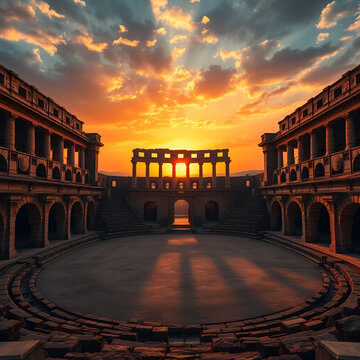 Dramatic sunset view inside ancient gladiator amphitheater highlighting the arena floor with expansive space for text or design elements
