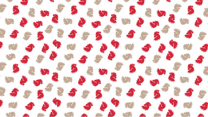 Repeating pattern of red and beige rooster head silhouettes on a white background surface design