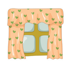 Window with curtains. Coral curtains in green hearts. Cute image of a cozy window from inside the house. Interior item. Cartoon style. Vector illustration