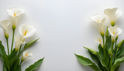 Pure White Calla Lilies: Graceful Floral Frame on a Minimalist Background © Julia Zubrytskaya