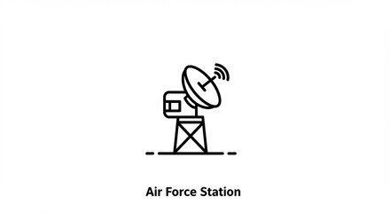 Satellite antenna transmits signal atop tower at base station on white background in single line style
