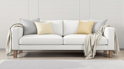 A white couch with pillows and a blanket on it