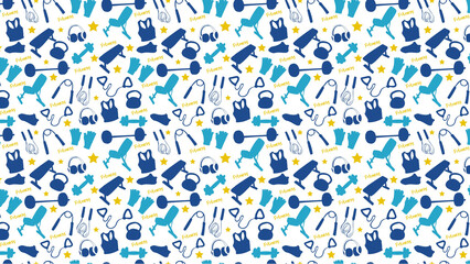 Seamless pattern featuring fitness equipment in blue and gold on a white background design theme