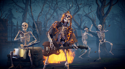 Halloween party: creepy skeleton band playing rock. Scary skeleton in burning robe playing guitar.