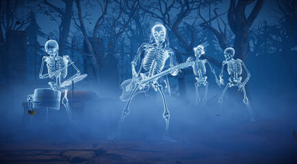 Halloween party. A ghost skeleton dance in a scary gothic cemetery. 