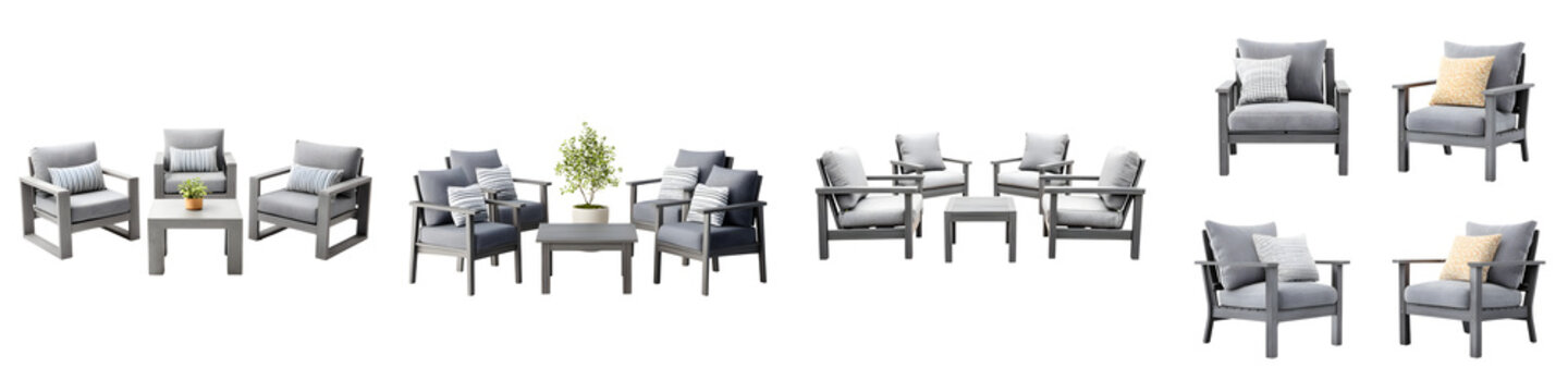 Modern outdoor lounge furniture set with stylish gray cushions, a coffee table, and greenery, ideal for patios, gardens, and contemporary settings, combining comfort and elegance