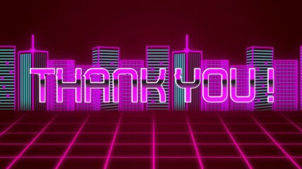 on static pause, neon strokes forming THANK YOU letters across retro grid, showing gratitude sign - Powered by Adobe
