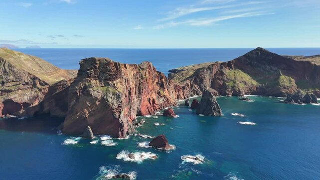 Cinematic drone flight over Ponta de Sao Lourenco, Madeira Island, Portugal