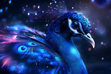 Neural surrealism, futuristic glitch aesthetics, real chrome peacock in deep dark space, cute , hyperrealistic, prism, HD, 4k	