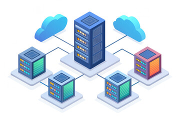 Isometric illustration of a server network with cloud connectivity and data storage