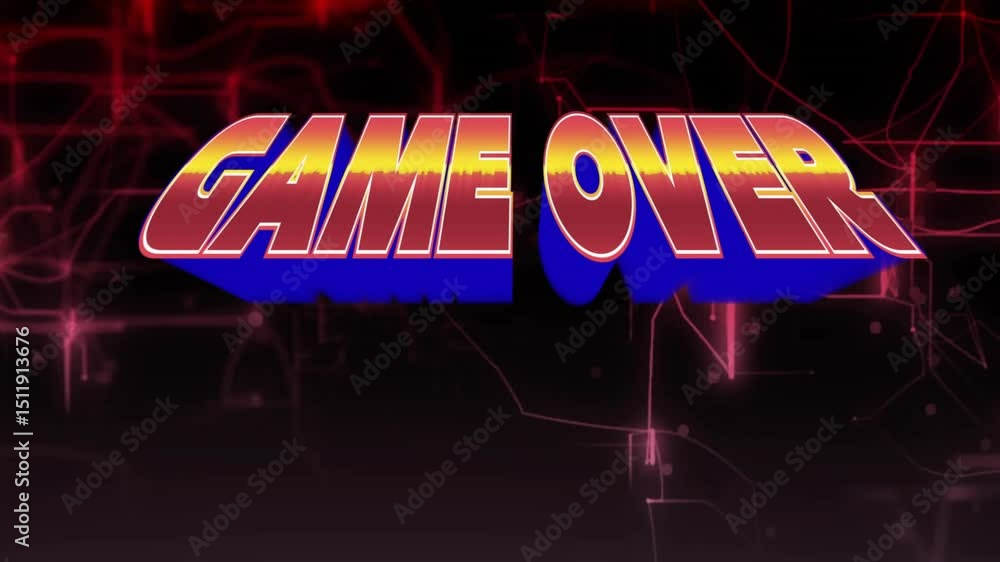 Poster on start, 3d game over text shifting color gradient while neon lines pulsing for arcade screen