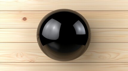 A shiny black sphere sits on a light brown wooden surface.