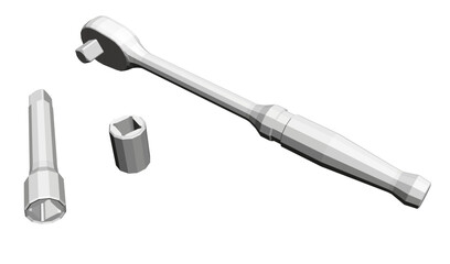 A white tool is shown with a black handle. The tool is a wrench. The wrench is being used to tighten a bolt