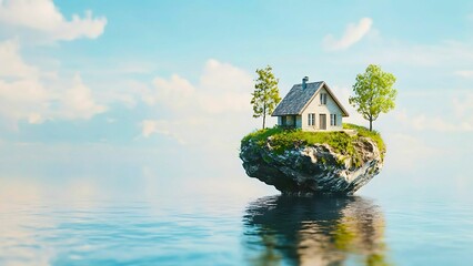 A surreal image of a house on a floating island surrounded by water, a perfect blend of fantasy and tranquility