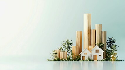 Abstract real estate concept with a wooden house model surrounded by miniature trees. The setup suggests a serene, eco-friendly living environment.