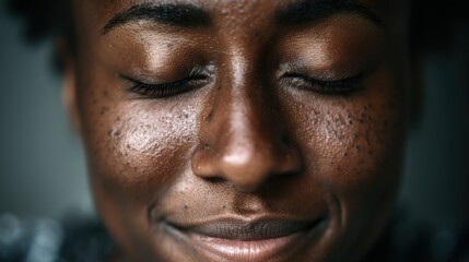 Obraz premium A close-up portrait of a smiling woman with beautifully shaped features and a calm expression, showcasing natural beauty.