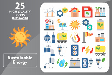 Sustainable Energy Flat Icon Set. Incleded Icons Wind Energy, Ecology, House, Biofuel, Green Factory, No Fossil Fuels, Solar Energy, Sun, Settings. Vector Icons Collection
