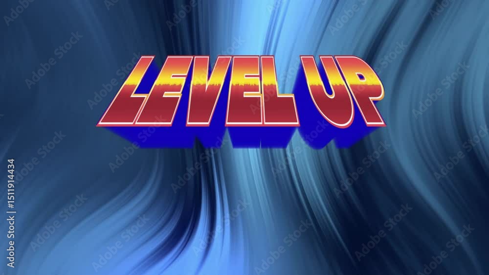 Poster starting with white 3d level up text, gradient filling letters swirls shifting showcasing progress