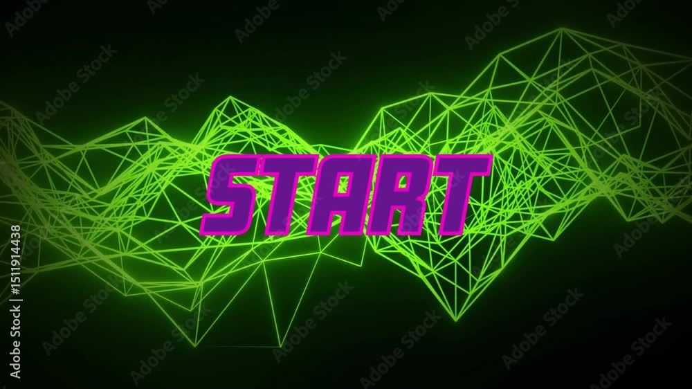Poster neon green wireframe mesh rising and pulsing while start text sliding and snapping revealing title