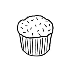 Sweet muffin with sprinkles. Simple doodle style illustration hand drawn object. PNG graphic on transparent background.