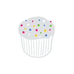 Sweet muffin with colorful sugar sprinkles. Simple doodle style illustration hand drawn object. PNG graphic on transparent background.