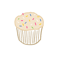 Sweet muffin with colorful sugar sprinkles. Simple doodle style illustration hand drawn object. PNG graphic on transparent background.
