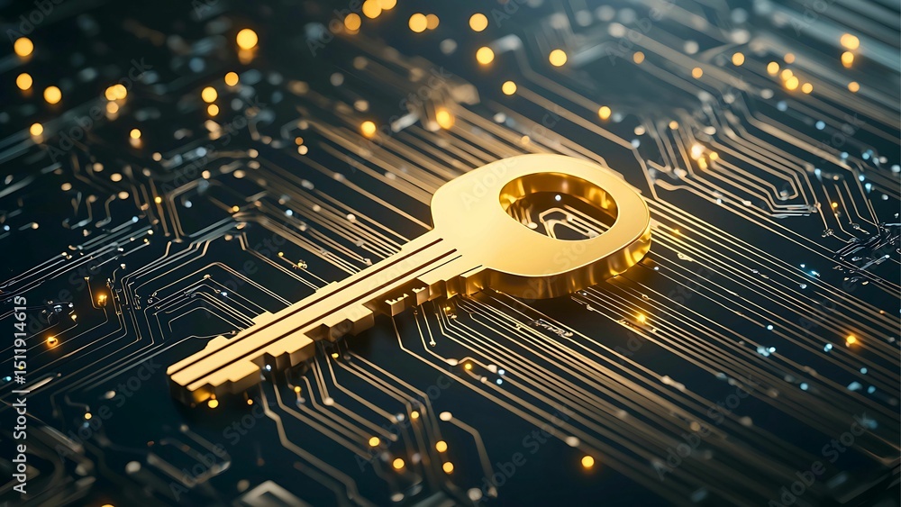 Poster an artistic golden key on a circuit board with glowing elements. it symbolizes digital security and 