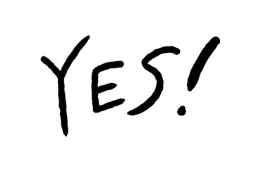 Yes word with exclamation mark. Cute hand written doodle style word. PNG graphic on transparent background.