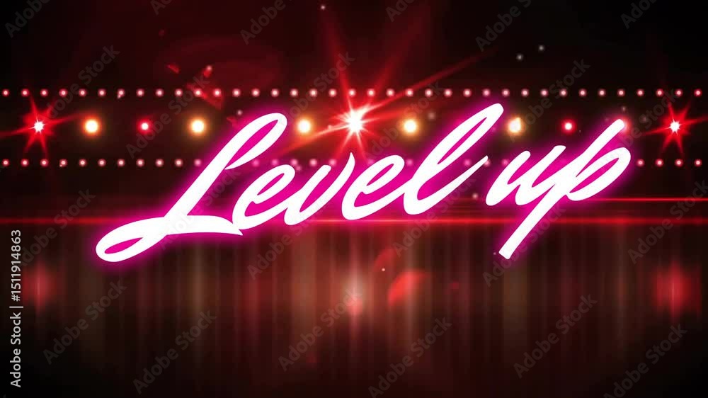 Poster after color lights pulsing, neon script forming glowing level up signaling upgrade on mirror floor