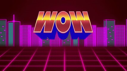 Starting with neon blue WOW hovering on pink grid, shifting to gold-red for synthwave atmosphere - Powered by Adobe