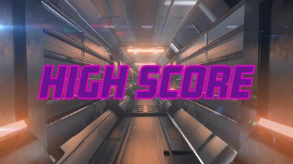 Camera drifting down corridor causing glitches before neon HIGH SCORE forming and announcing win - Powered by Adobe
