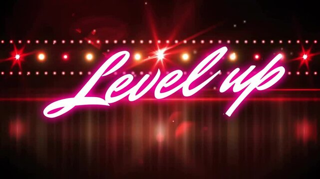 After color lights pulsing, neon script forming glowing Level up signaling upgrade on mirror floor