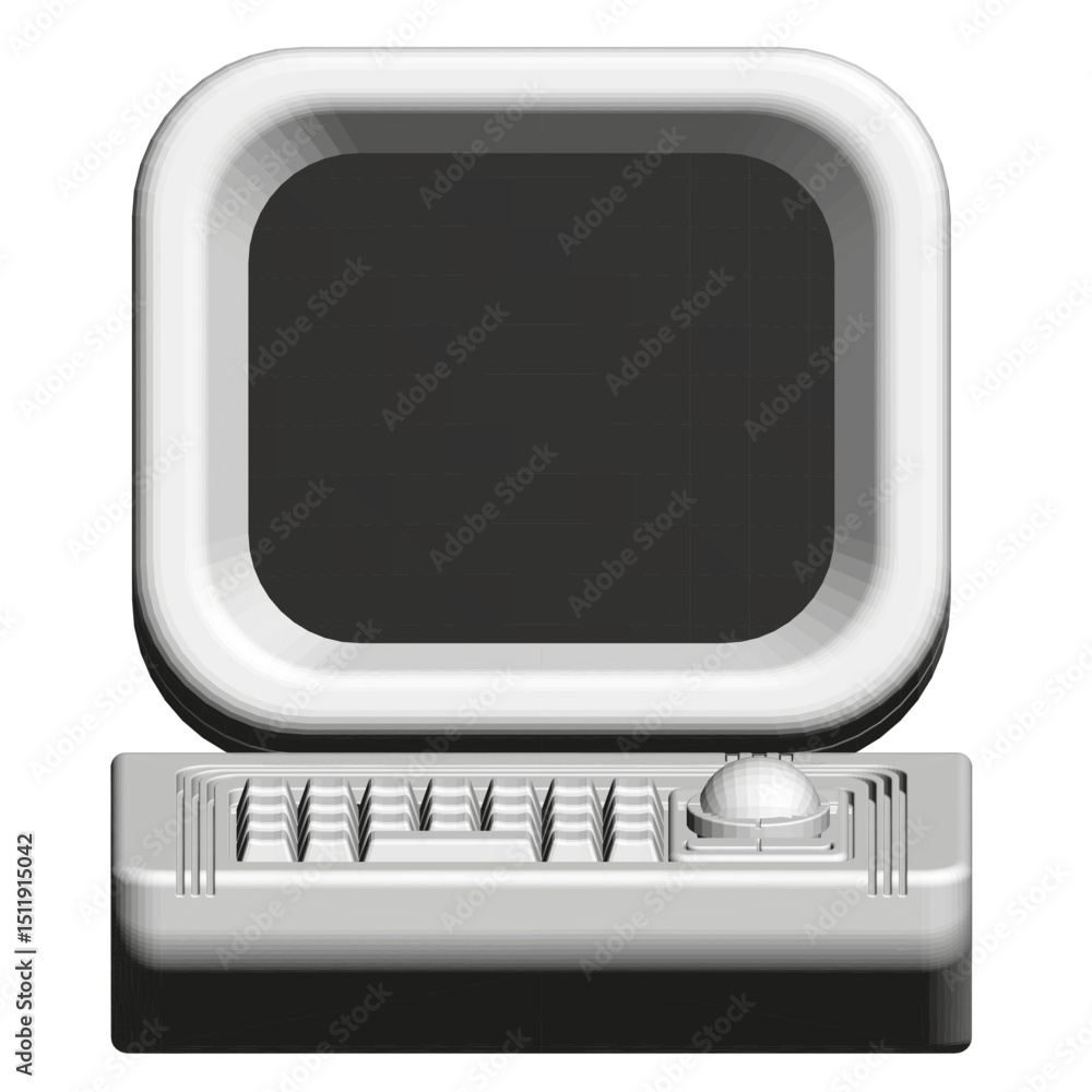 Poster a retro computer monitor with a keyboard and a mouse. the monitor is black and white. front view