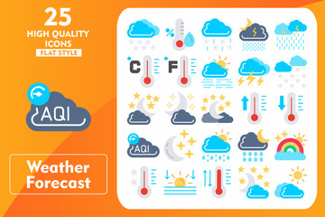 Obraz premium Weather Forecast Flat Icon Set. Incleded Icons Winter, Humidity, Sleet, Downpour, Heavy Rain, Celsius, Fahrenheit, Foggy Day, Thunderbolt, Snowy, Moon And Stars. Vector Icons Collection