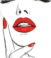 Obraz premium Elegant Woman s Face with Red Lips and Nails in a Fashionable Sketch Style on a Clean White Background for Creative Projects