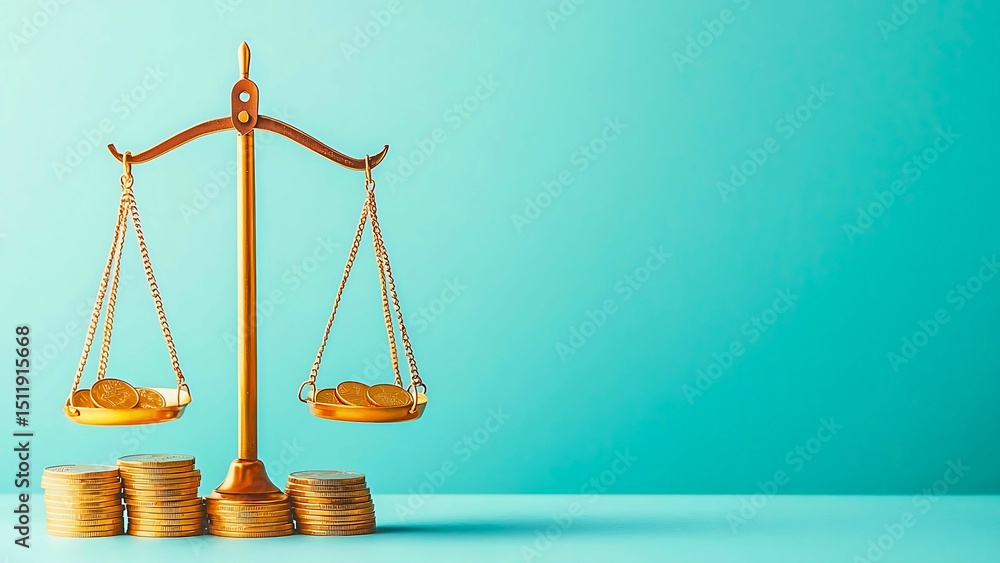 Poster a set of scales with coins balanced on each side and additional stacks of coins underneath