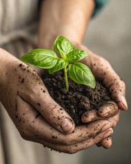 A pair of hands carefully cradling a small basil plant, demonstrating the start of a new life.