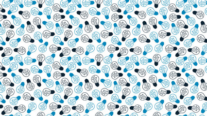 Seamless pattern of light bulbs with brains inside in blue and black on a white background design art