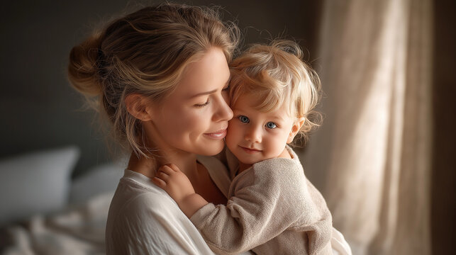 Loving mother holding daughter close with tender expression, warm indoor light, family care and affection