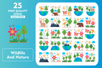 Wildlife and Nature Flat Icon Set. Incleded Icons Biodiversity, Habitat, Metamorphosis, Ecology, Earth, Moose, Outdoor, Bird, Bear, Butterfly. Vector Icons Collection