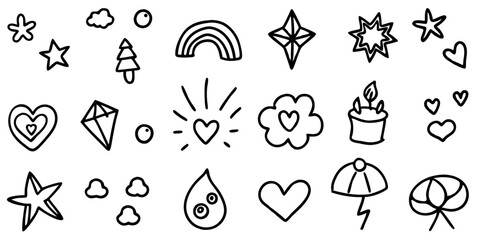 vector set of floral elements Hand-Drawn Doodle Icons Set – Black and White Cute Sketch Clipart Collection