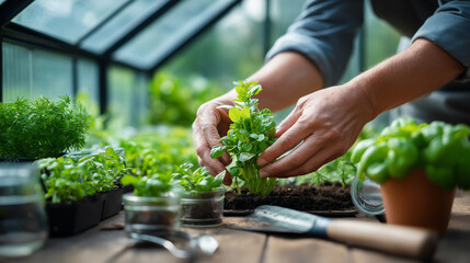 Hands planting green lettuce in greenhouse garden with soft daylight and eco gardening concept