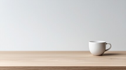 A white coffee mug sits on a light brown wooden table against a white wall.