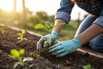 A person's hands carefully planting a small seedling in the rich soil of a garden bed.