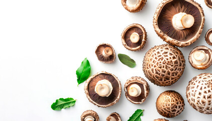 Fresh champignon mushrooms arranged with green leaves on white background. Minimalist organic banner for cooking, health or seasonal recipes with copy space