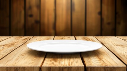 Empty white plate on wooden table.